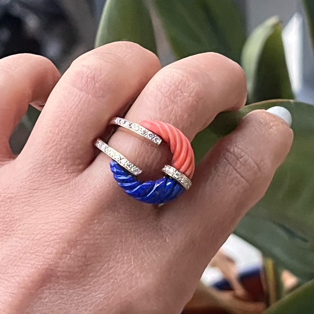 GEORG HORNEMANN 750 YELLOW GOLD RING:CORAL,LAPIS LAZULI & DIAMONDS,GERMANY